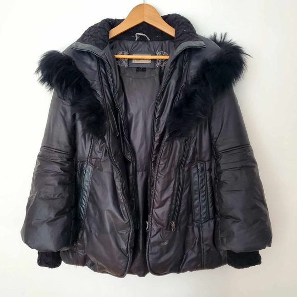 Mackage Black Nylon Double Zip Hood Lined Parka With Black Fur Collar S - Picture 2 of 10